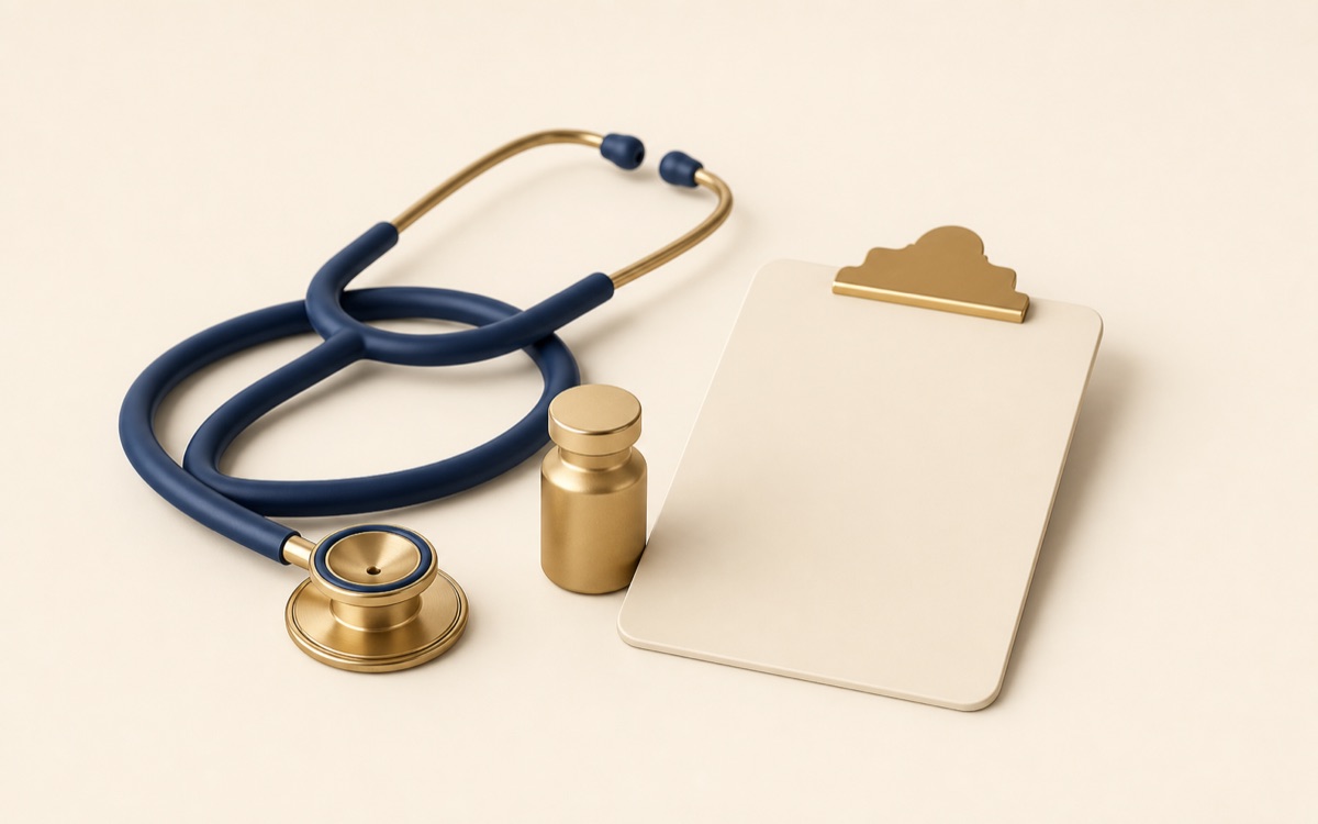 Illustration of a stethoscope and prescription chart