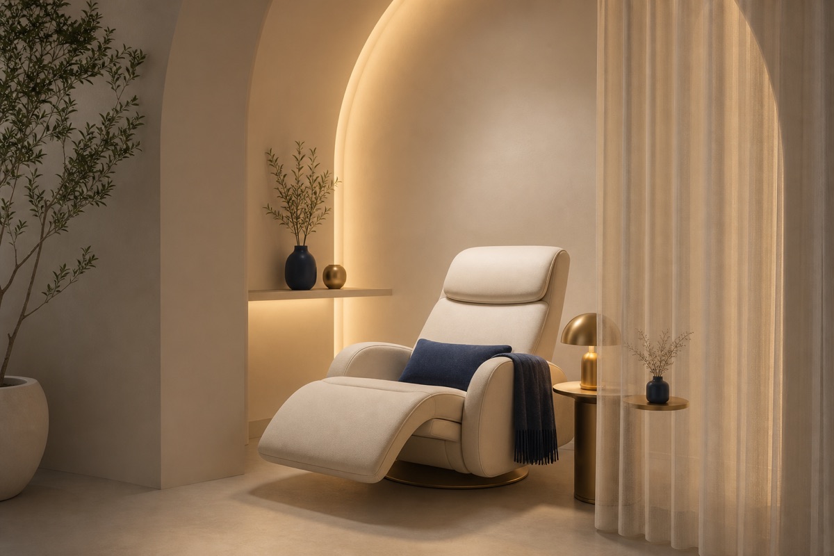 Illustration of a cozy curtained IV space with a recliner